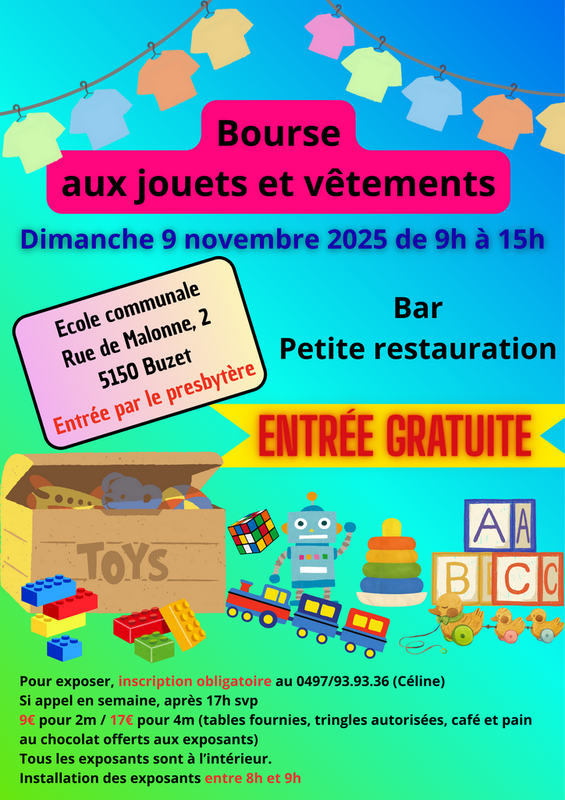 Bourse aux vêtements et jouets à buzet (floreffe) le 9 novembre de 9h à 15h