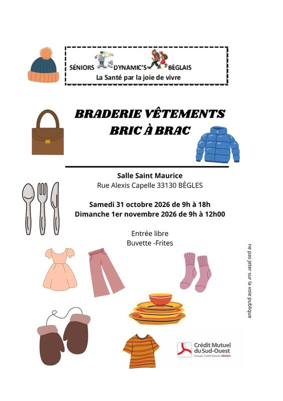 Braderie vêtements et bric à brac de l'association séniors dynamic's béglais