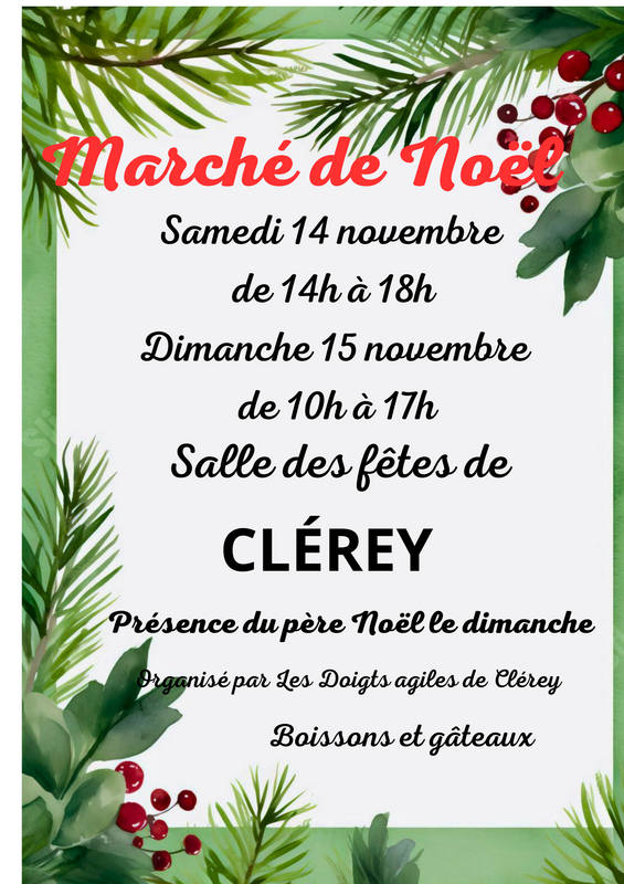 Marché de noel , vente de gâteaux et de boissons, présence du pere noel le dimanche de 14h30 à 16h30