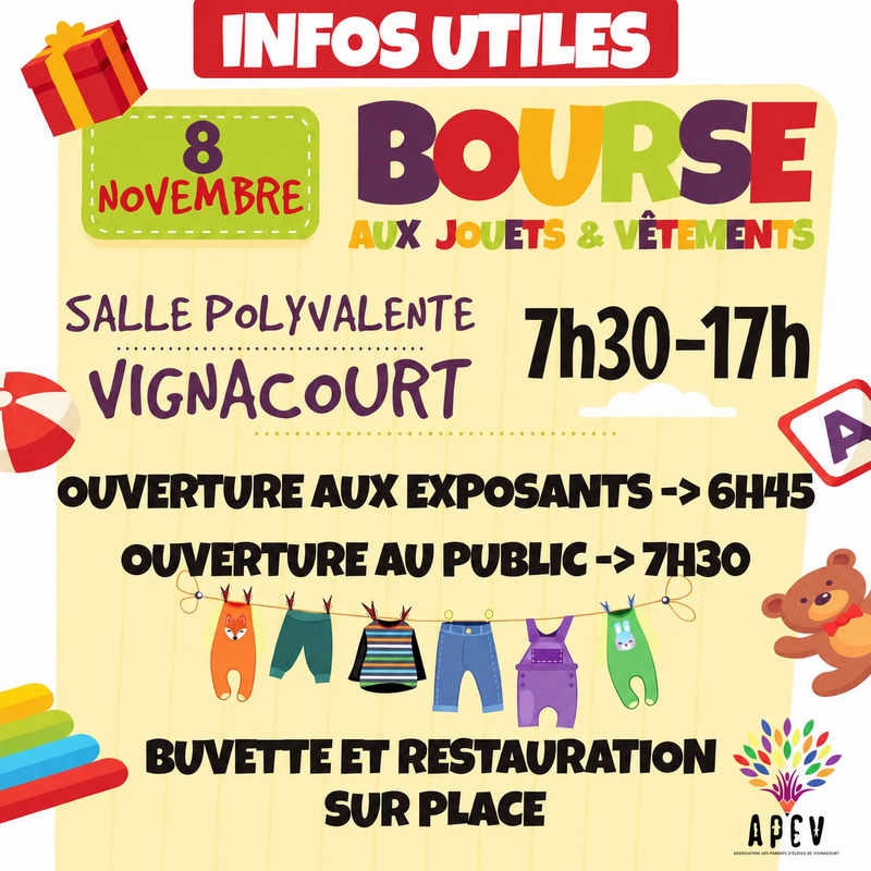 Bourse aux jouets, accessoires de puériculture et vêtements